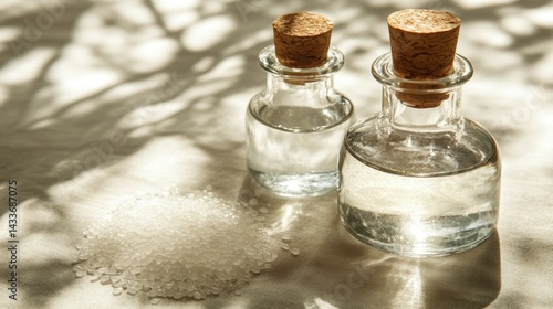 Clear Glass Bottles with Cork Stoppers and Rock Salt on Table