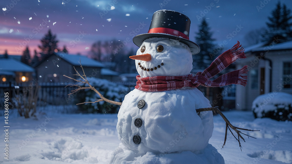 Naklejka premium A snowman in the snowy yard faces a blizzard bravely