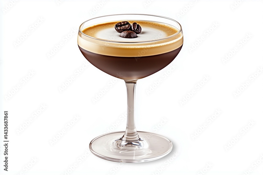 Espresso Martini Cocktail with Coffee Beans Garnish on White Background. Espresso Martini Cocktail with Coffee Beans Garnish on White Background.
