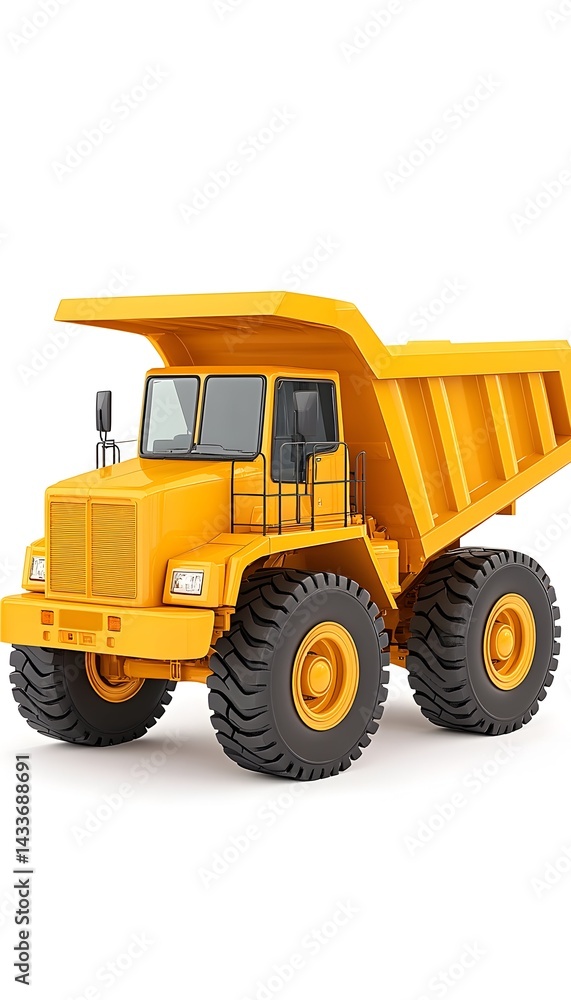 A vibrant yellow dump truck, robust and ready for heavy-duty hauling, sits against a stark white background A vibrant yellow dump truck, robust and ready for heavy-duty hauling, sits against a stark white background