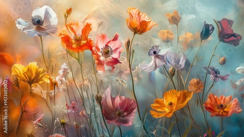 A field of colorful poppies bathed in a warm, hazy light.