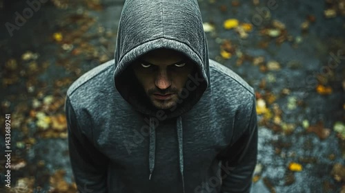 Mysterious hooded figure with intense eyes stands in an ominous setting