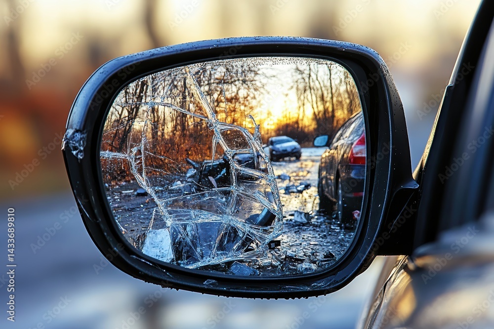 Broken side mirror highlights damage after hit-and-run incident at sunset Broken side mirror highlights damage after hit-and-run incident at sunset