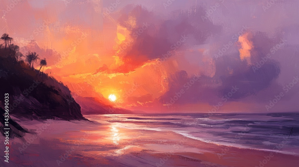 Obraz premium A vibrant sunset over a tropical beach with a rocky cliff and a few palm trees. The sky is a mix of orange and purple hues, and the ocean reflects the colors of the sunset.