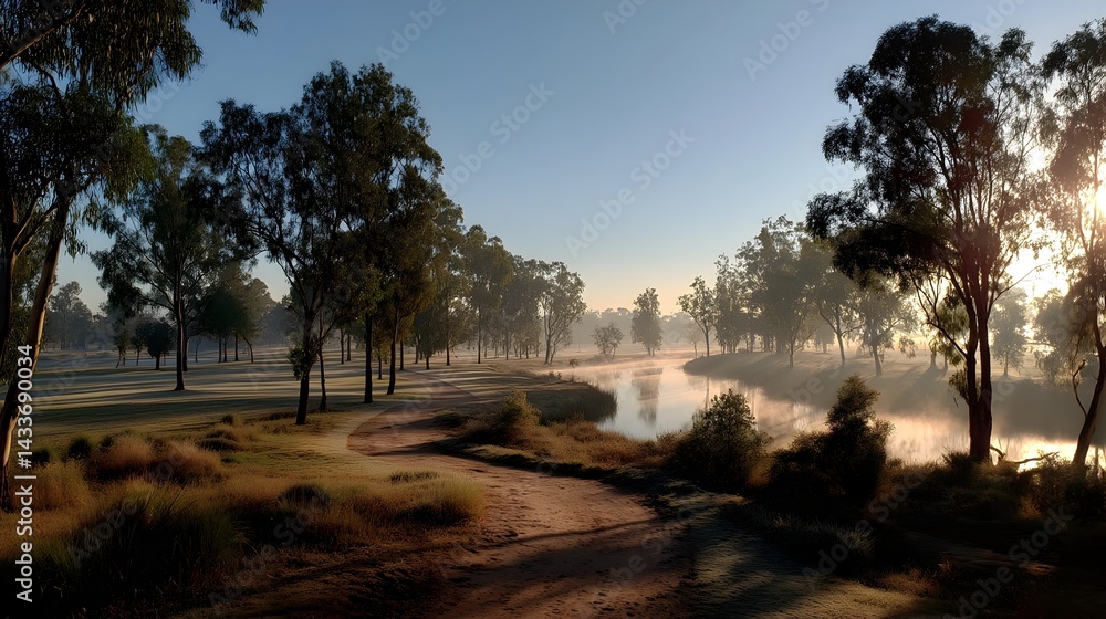 Fototapeta premium Serene sunrise mist over calm river winding through tranquil eucalyptus trees on a peaceful golf course landscape.