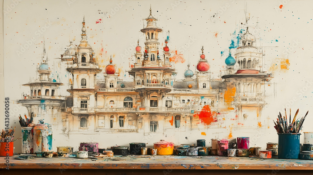 Obraz premium Artists workspace with painting of ornate building Paints and brushes are scattered across a wooden table
