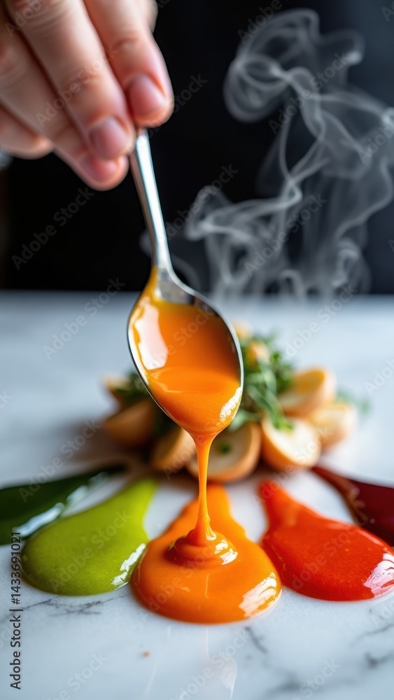 Person is pouring different colored sauces onto a plate. The sauces are green, red, yellow, and orange. The plate is on a marble countertop