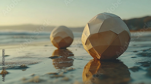 Geometric shapes on a beach reflecting in the water at sunset