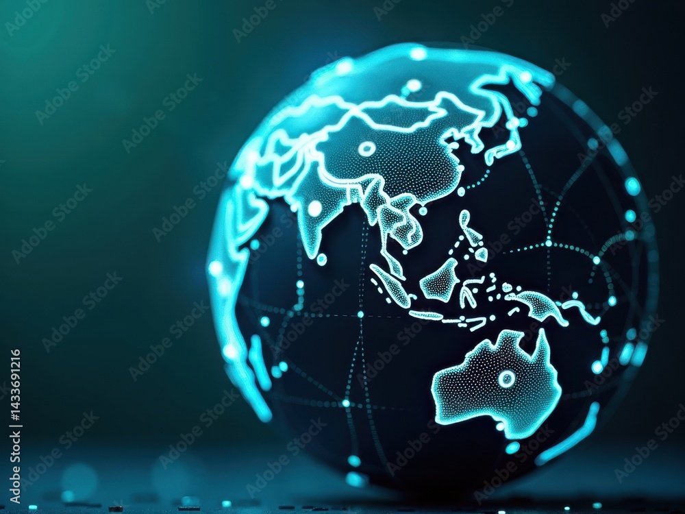 Globe with a blue background and a white dot in the middle. The globe is surrounded by a network of lines