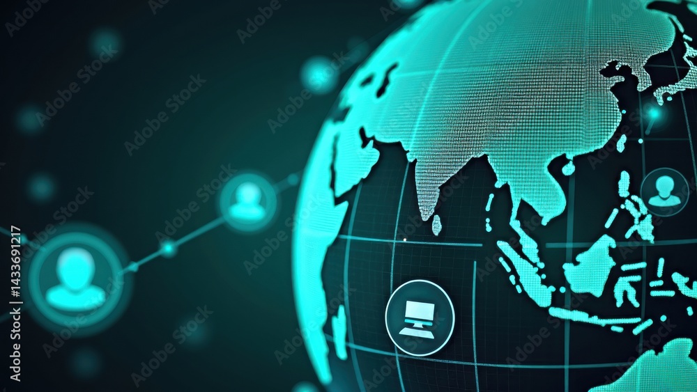 Globe with a computer screen on it and people connected to it. The globe is green and the people are connected to it in a web-like pattern
