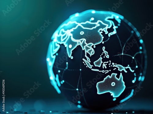 Obraz na płótnie Globe with a blue background and a white dot in the middle. The globe is surrounded by a network of lines w salonie