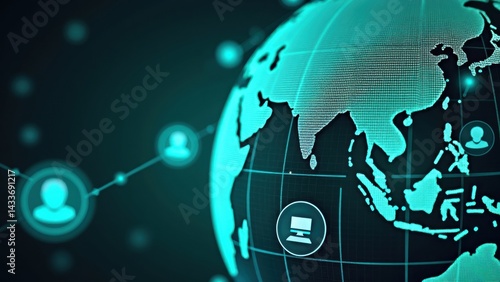 Obraz na płótnie Globe with a computer screen on it and people connected to it. The globe is green and the people are connected to it in a web-like pattern w salonie