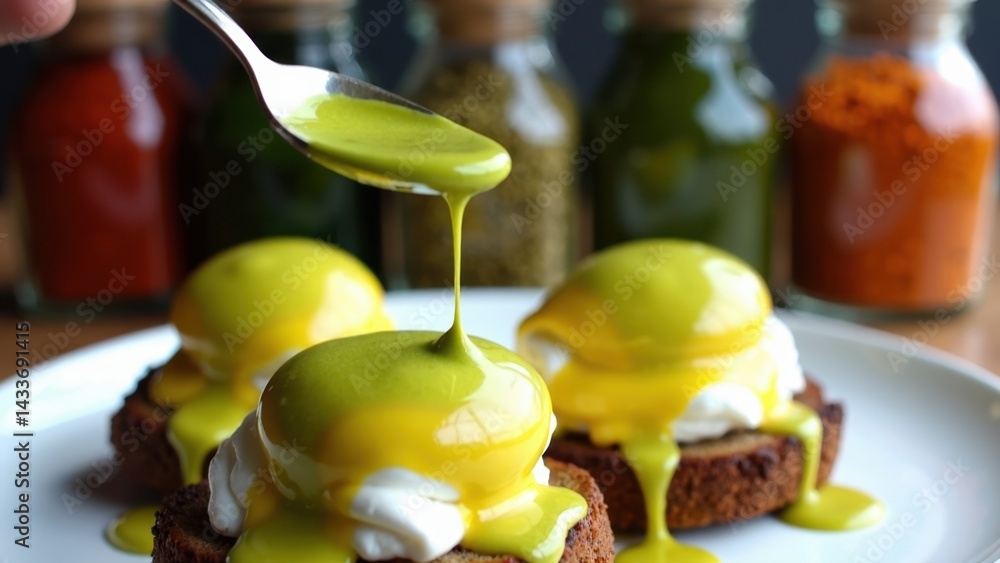 Plate of three egg benedicts with a green sauce on top. The sauce is drizzled over the eggs and bread
