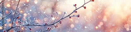 Winter Branches. Snowfall and Hoar Frost on Tree Branches in December Panorama