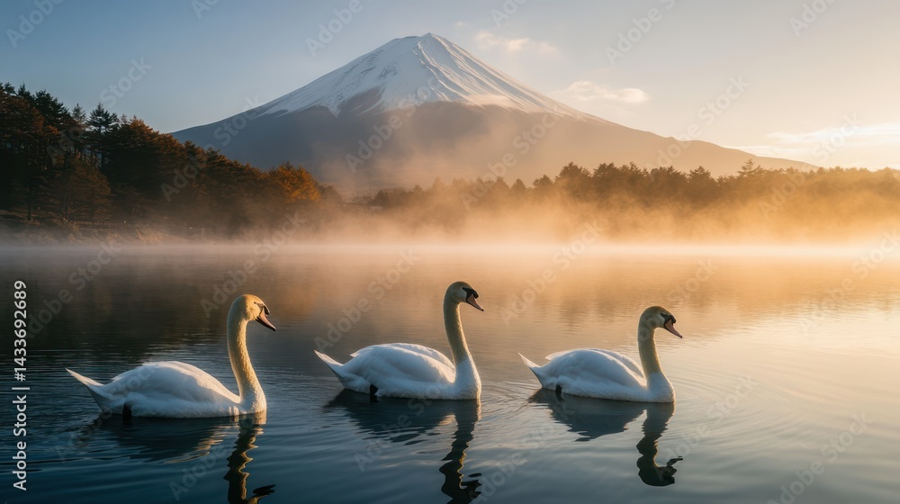 Fototapeta premium Swans glide peacefully on lake waters with Mount Fuji backdrop misty setting evoking tranquility serenity.