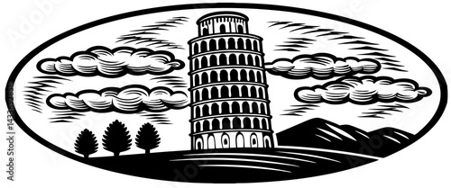 Looking up on the Leaning Tower of Pisa with a bright blue sky behind