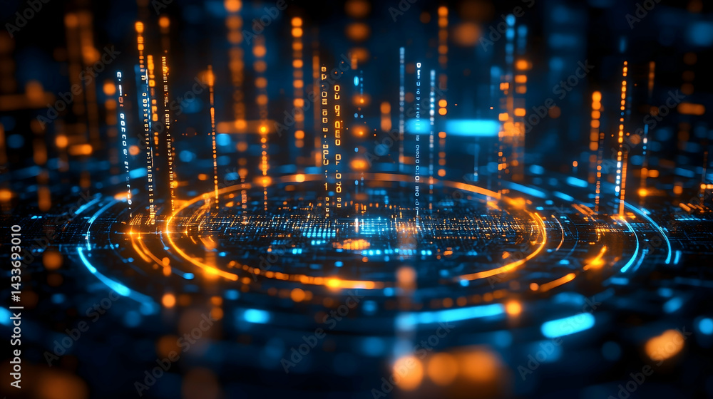Abstract digital data streams converge in glowing circular pattern creating futuristic technological feel Abstract digital data streams converge in glowing circular pattern creating futuristic technological feel