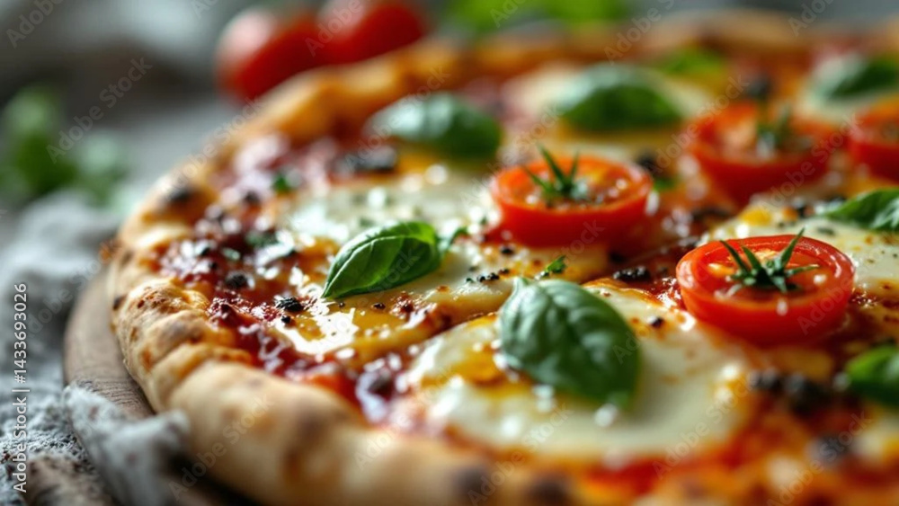 Italian pizza with tomatoes, mozzarella cheese and fresh basil. Close up.