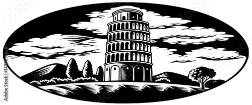 Looking up on the Leaning Tower of Pisa with a bright blue sky behind