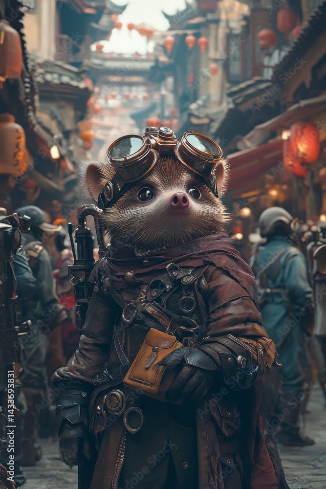 Obraz premium Anthropomorphic Hedgehog in Steampunk Attire Amidst a Bustling Asian Market