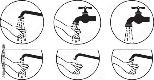 Handwashing Steps: A simple guide to proper handwashing technique. The illustration shows six steps of washing hands properly under tap water.
