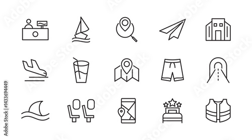 Travel linear icon set. Hotels, tourism, tourist transport, locations, gps,  room, adventure, nature, bag, compass, trip, tour vector icon set. UI thin line icon pack.