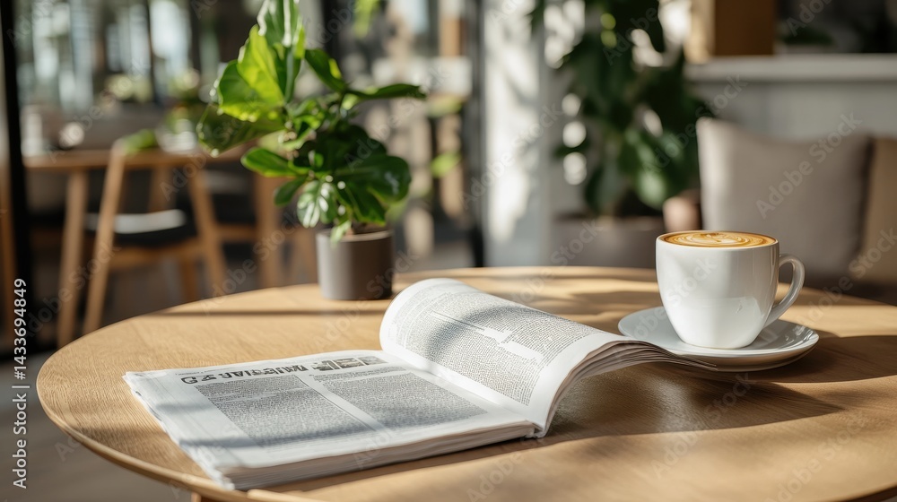 Cozy Coffee Shop Scene with Open Newspaper and Cup of Coffee