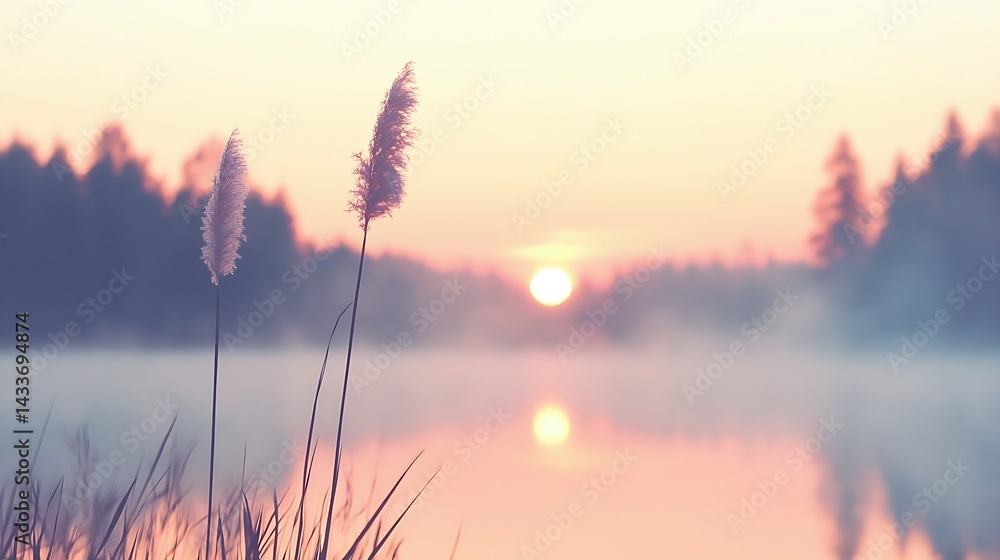 Sunrise Over Calm Lake with Reeds and Soft Pink Light Sunrise Over Calm Lake with Reeds and Soft Pink Light