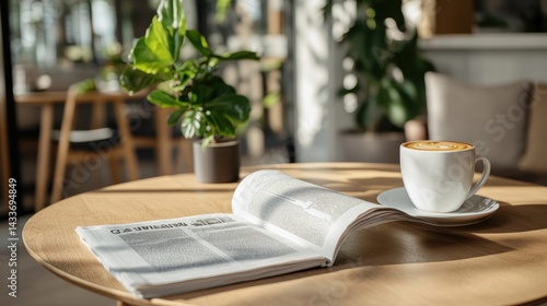 Obraz na płótnie Cozy Coffee Shop Scene with Open Newspaper and Cup of Coffee w salonie