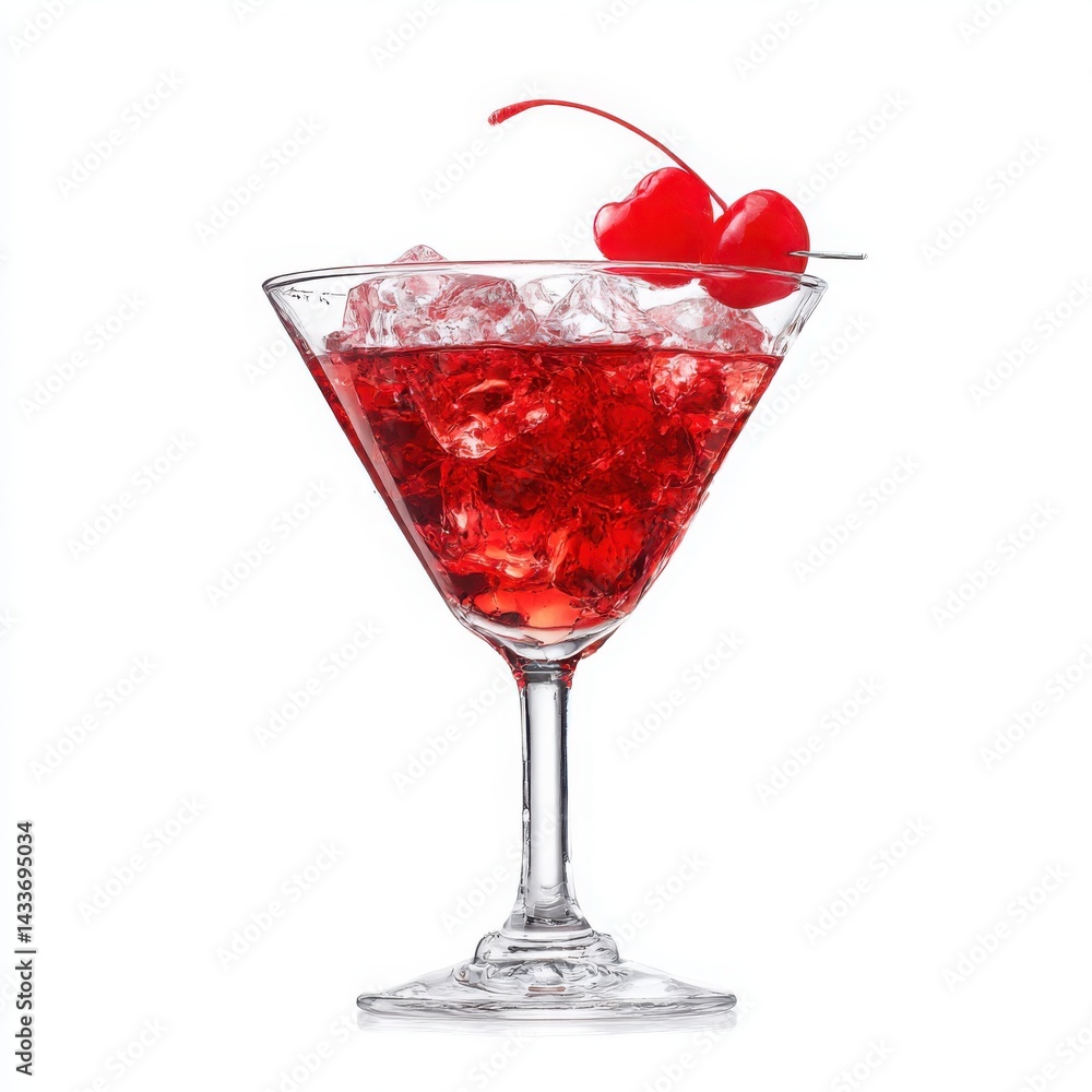 Red cocktail with cherries and ice on white background Red cocktail with cherries and ice on white background