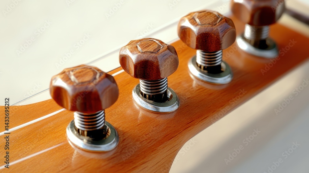 Detailed Close-Up of Guitar Tuning Pegs with Wood and Metal Finish