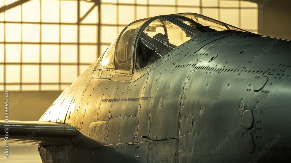 Detailed Close-Up of Aircraft Nose in Industrial Hangar Light