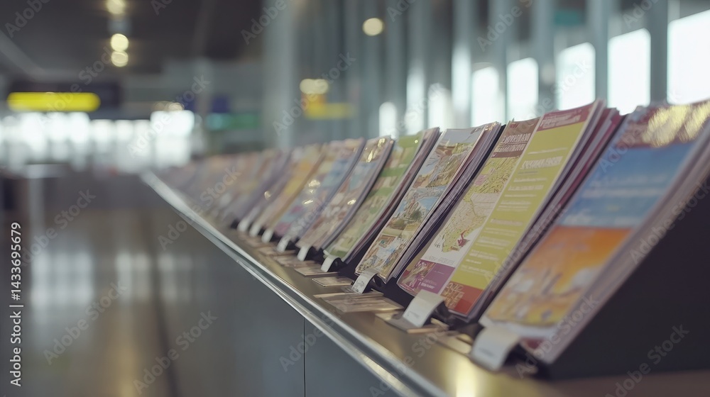 Display of Various Travel Brochures in Modern Airport Setting