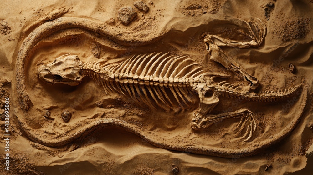 Detailed View of Prehistoric Skeleton Fossil in Desert Sand