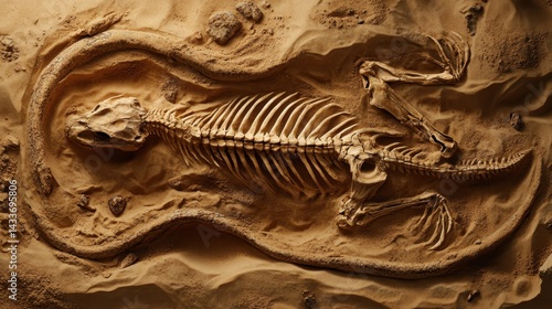 Detailed View of Prehistoric Skeleton Fossil in Desert Sand