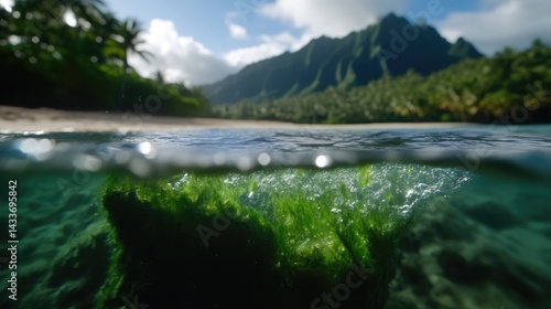 Tropical beach underwater view with vibrant coral reef and lush scenery