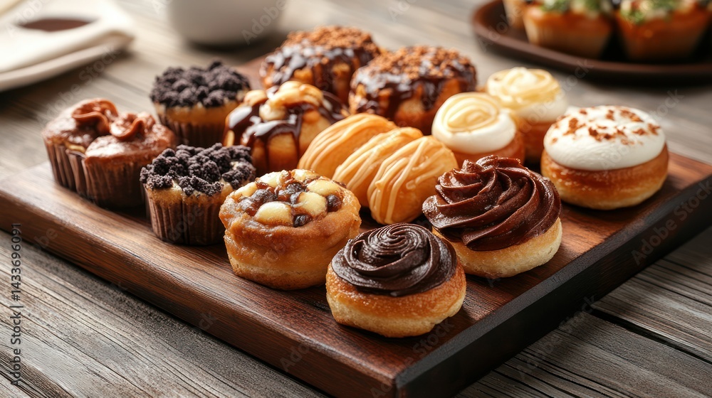 Variety mini cupcakes, decadent chocolate frosting and toppings, sit displayed on serving board. Variety mini cupcakes, decadent chocolate frosting and toppings, sit displayed on serving board.