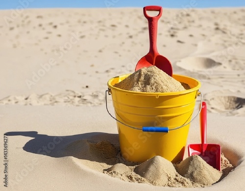 A bucket filled with sand, a shovel and small toy molds against a sunny sky. AI generated.