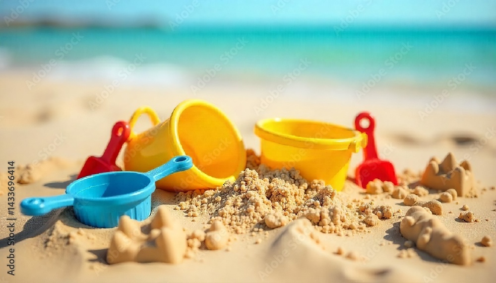 A bucket filled with sand, a shovel and small toy molds against a sunny sky. AI generated.