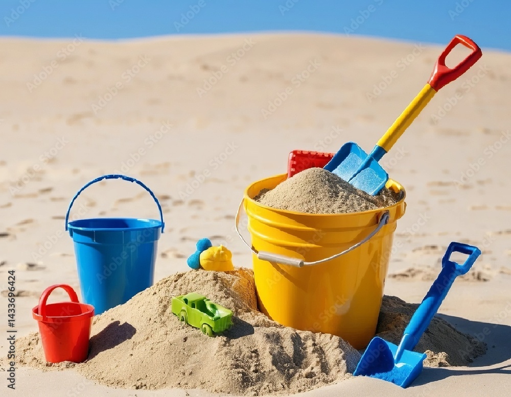 A bucket filled with sand, a shovel and small toy molds against a sunny sky. AI generated.