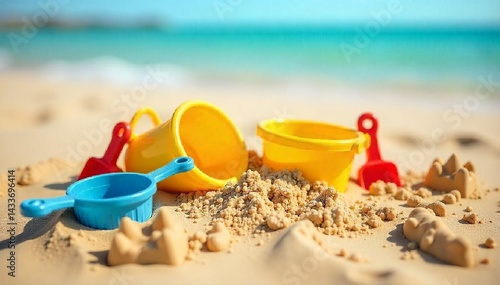 Obraz na płótnie A bucket filled with sand, a shovel and small toy molds against a sunny sky. AI generated. w salonie
