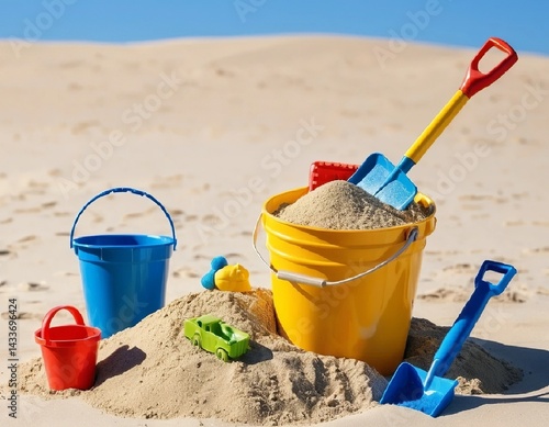 Obraz na płótnie A bucket filled with sand, a shovel and small toy molds against a sunny sky. AI generated. w salonie
