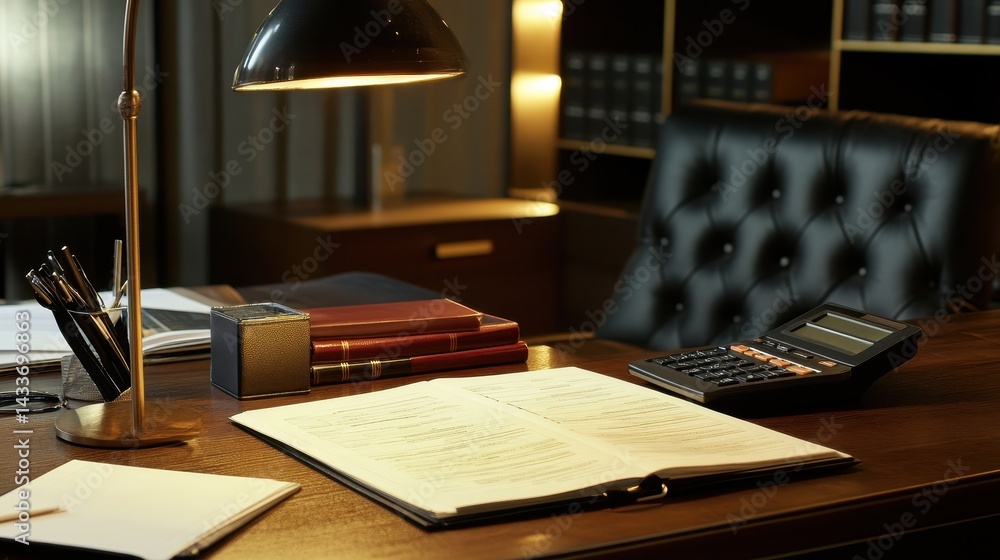 Elegant Office Workspace with Desk Lamp and Stationery Equipment