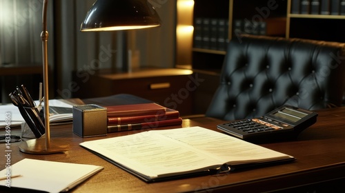 Obraz na płótnie Elegant Office Workspace with Desk Lamp and Stationery Equipment w salonie