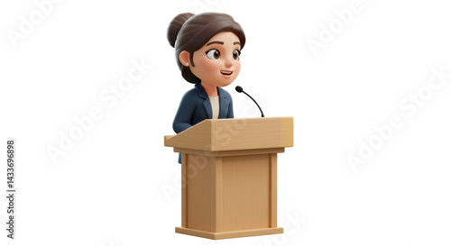 3D Cartoon Businesswoman Delivering a Speech at Podium with Microphone Wearing a Blue Suit Isolated on Transparent Background