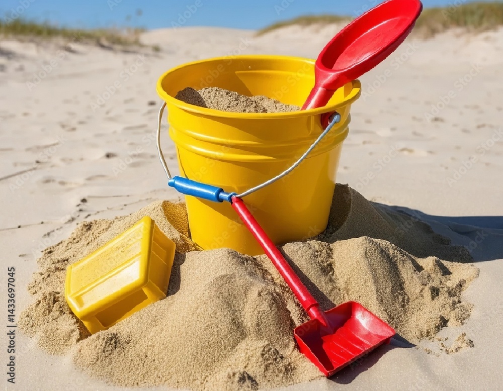 A bucket filled with sand, a shovel and small toy molds against a sunny sky. AI generated.