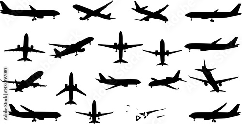 set of passenger planes silhouette, collection of airplanes in flat style vector