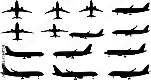 set of passenger planes silhouette, collection of airplanes in flat style vector