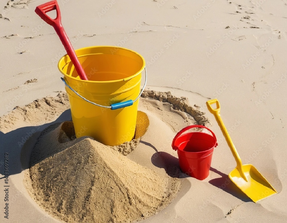 A bucket filled with sand, a shovel and small toy molds against a sunny sky. AI generated.