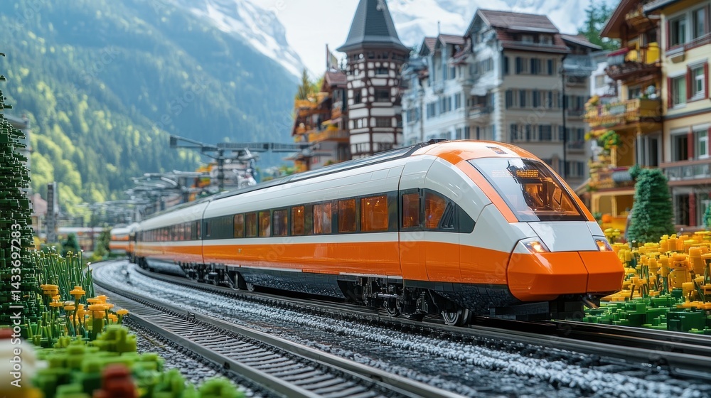 Naklejka premium A modern orange and white passenger train travels through a miniature town and mountain scenery.